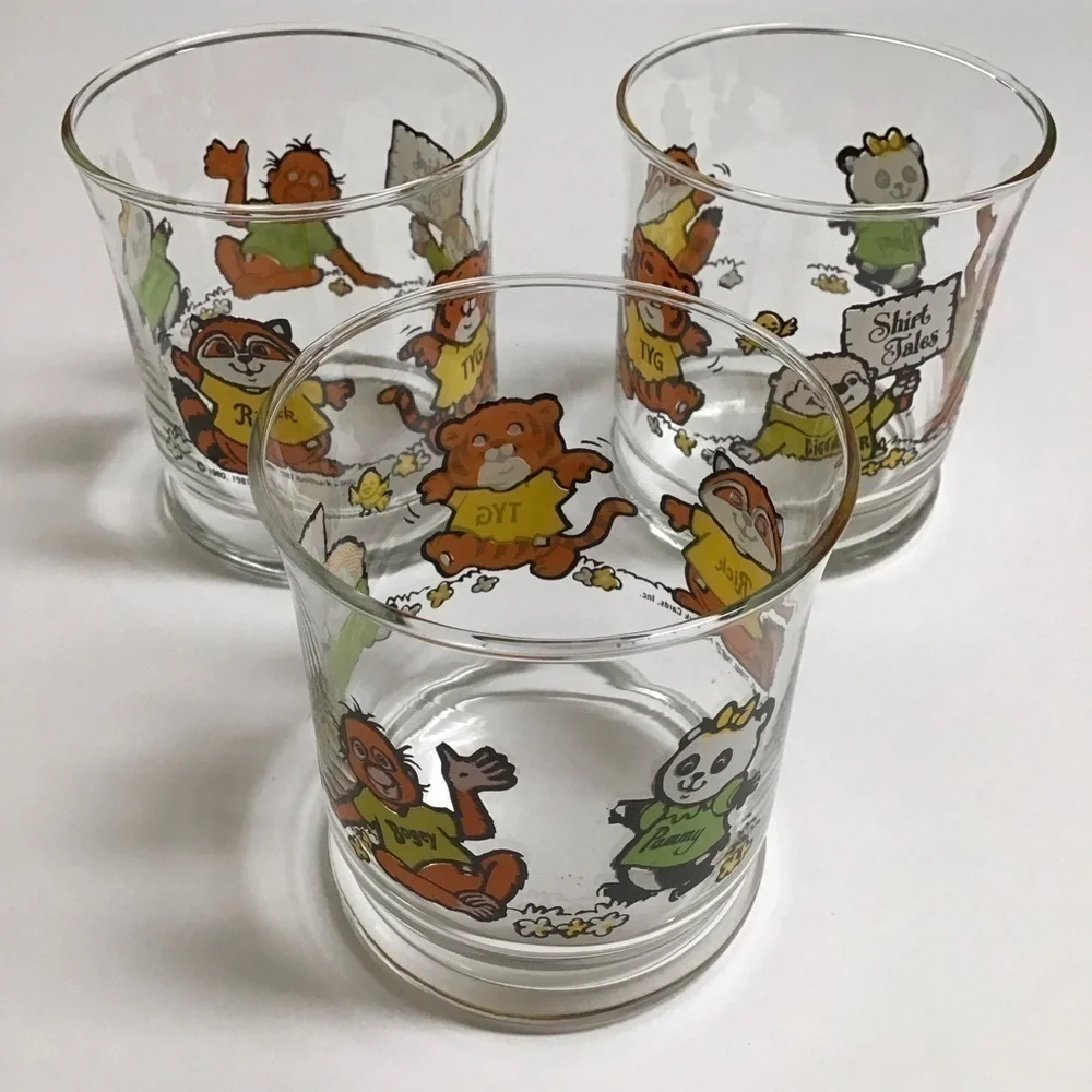 Shirt Tales Juice Glasses SET OF 3 Pammy Rick Tyg Cartoon ‘82 Hallmark Vintage
